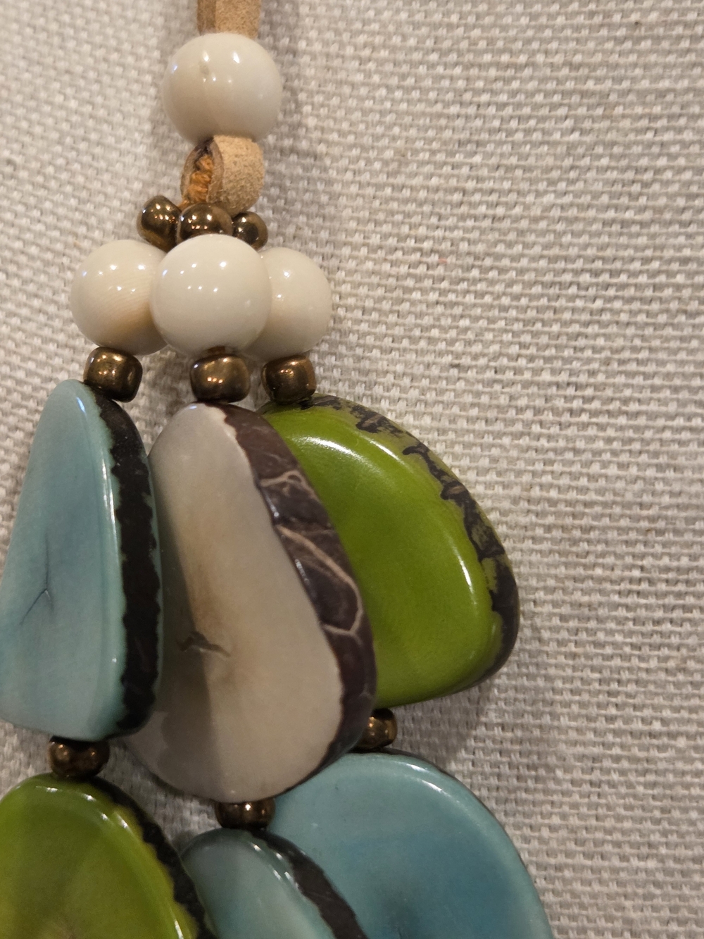 Handcrafted Green, Aqua & Cream Statement Necklace - Picture 3 of 6
